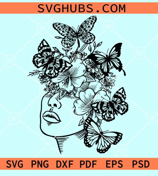 Floral girl face with butterflies svg