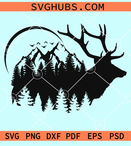 Forest and mountains deer with moon svg