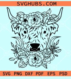 Highland cow with floral crown svg
