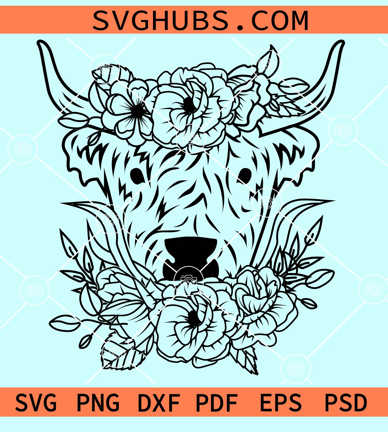 Highland cow with floral crown svg