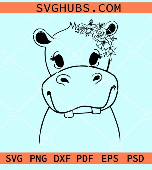 Hippo with floral crown svg