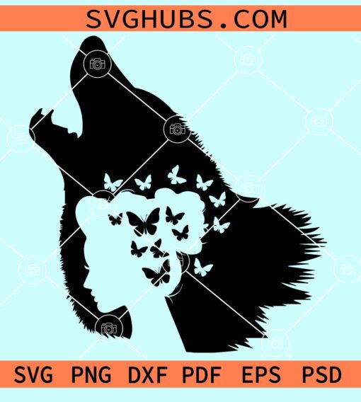 Howling wolf with woman head and buterflies svg