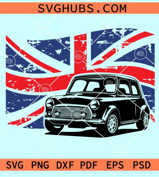 Mini morris vintage car with grunge British flag svg