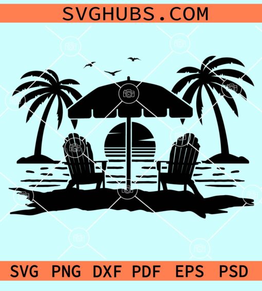 Summer scene with Adirondack chairs palm trees and sunset svg