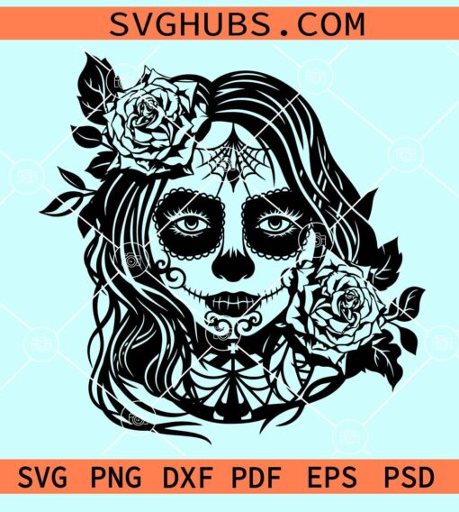 Sugar skull girl face with flowers svg