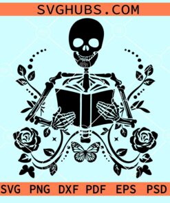 Floral skeleton holding a book svg