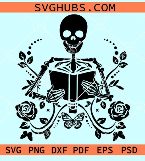 Floral skeleton holding a book svg