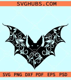 Floral bat SVG, bat mandala svg, Halloween bat svg, spooky bat svg, Bat Swirl svg