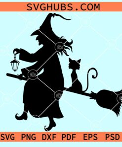 Witch and cat riding broomstick svg