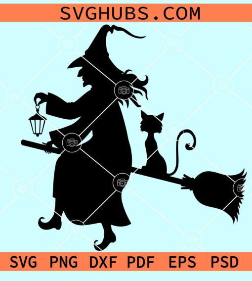 Witch and cat riding broomstick svg