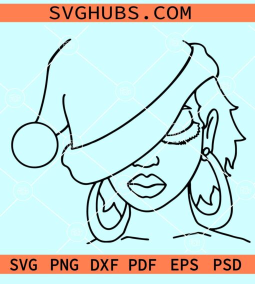 Woman with Santa Hat svg, Afro woman line art svg, Black queen line art svg