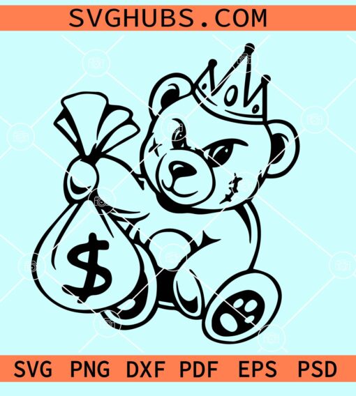 Gangster Bear Svg, Teddy bear with money bag svg, gangster teddy bear svg