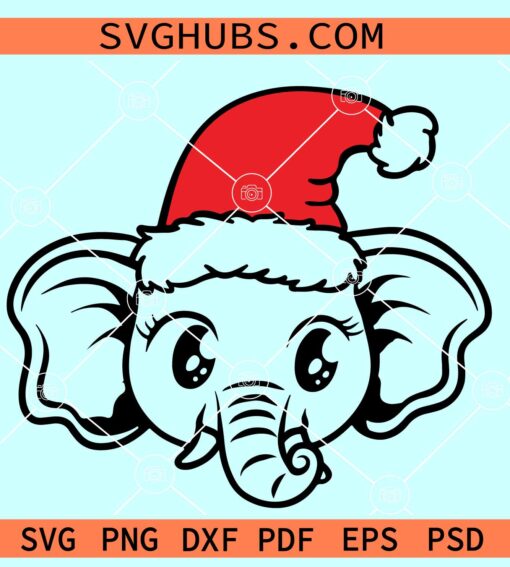 Christmas Elephant SVG, elephant Santa hat svg, baby elephant with Santa hat svg