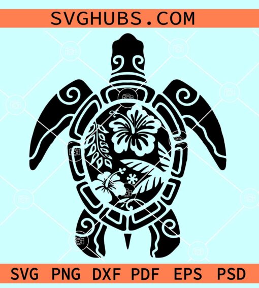 Tribal Hibiscus Sea Turtle SVG, Hibiscus turtle svg, Turtle Flower Svg