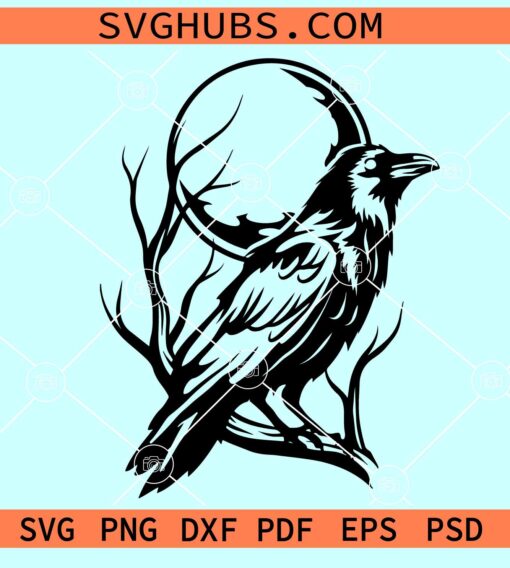 Raven on full moon SVG, Raven SVG, rave crow svg, raven bird svg
