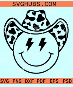 Cowboy Smiley face SVG, Cow print hat smiley svg, western smiley svg