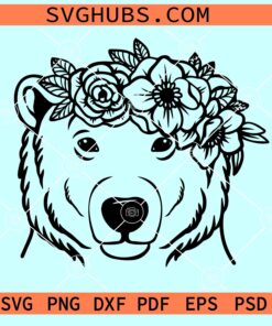 Bear head with flower crown SVG, bear flower crown svg, floral bear svg