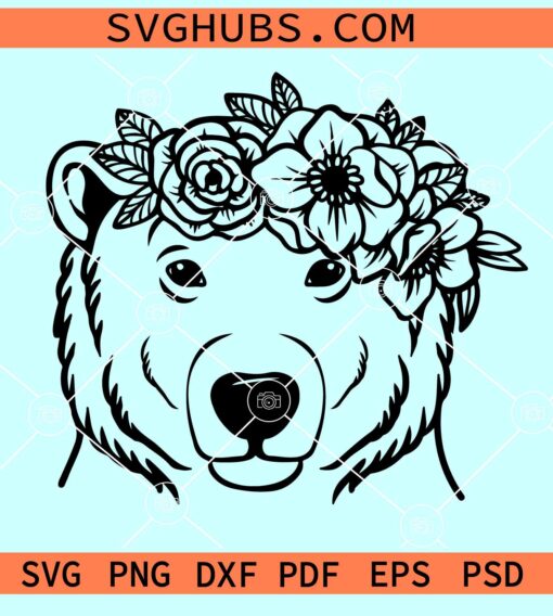 Bear head with flower crown SVG, bear flower crown svg, floral bear svg
