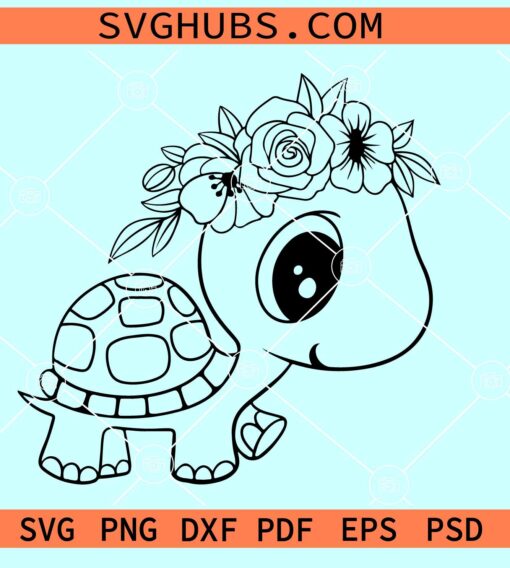 Cute baby turtle SVG, Baby turtle with flowers svg, baby turtle svg, sea turtle svg