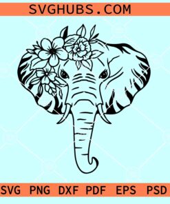 Elephant with flower crown SVG, baby elephant png, elephant SVG PNG