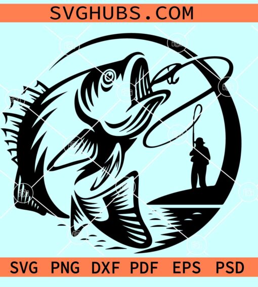 Fisherman catching fish SVG, bass fishing svg, fish on hook svg