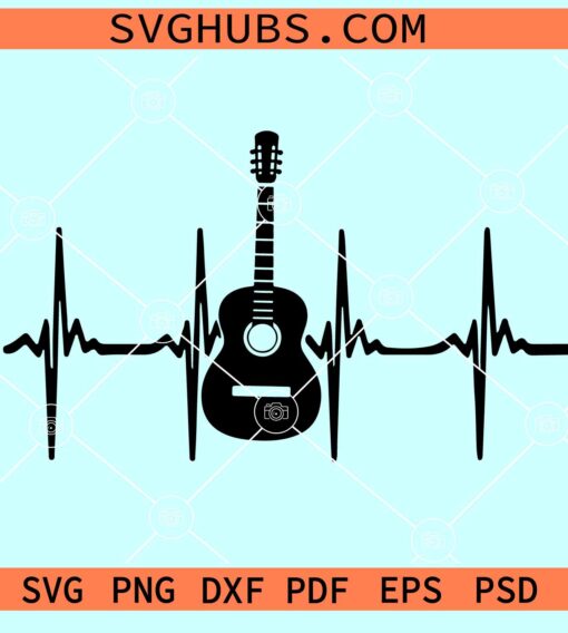 Guitar heart line SVG, guitar heart beat svg, guitar EKG svg