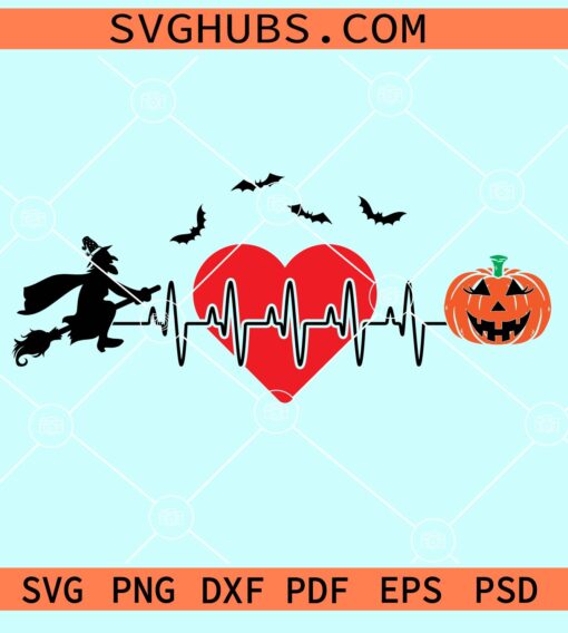 Halloween Heartbeat Svg, Pumpkin face svg, Witch on Broom svg, Halloween decor svg