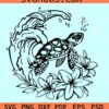 Turtle with wave SVG, sea turtle svg, Floral turtle sea wave svg
