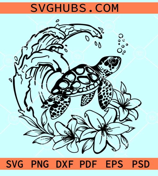 Turtle with wave SVG, sea turtle svg, Floral turtle sea wave svg