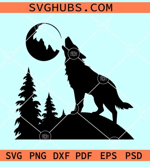 Howling wolf on mountain SVG, Wolf mountain scene svg