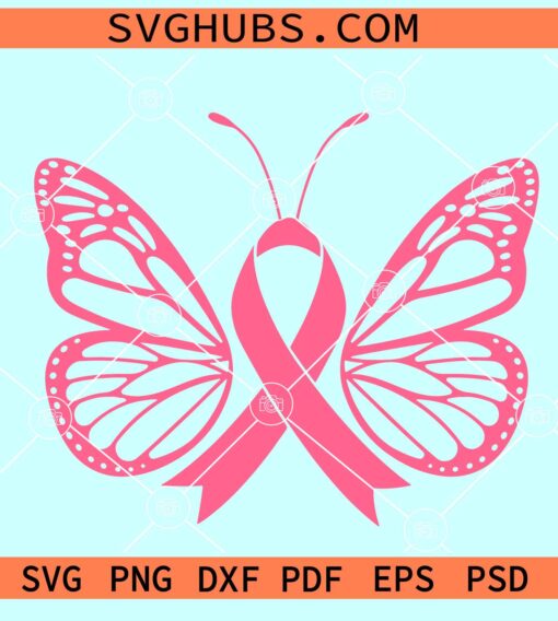 Pink ribbon butterfly SVG, Cancer awareness SVG, Breast cancer SVG, Pink ribbon SVG