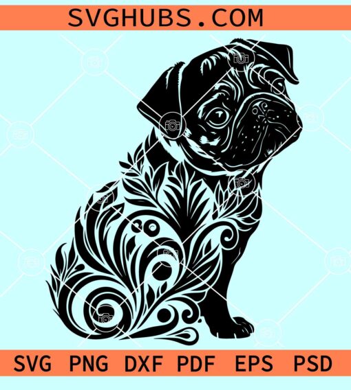 Pug mandala SVG, pug swirly SVG, Pug floral SVG