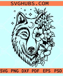 Wolf head with flowers SVG, floral wolf svg, wolf with flower crown SVG