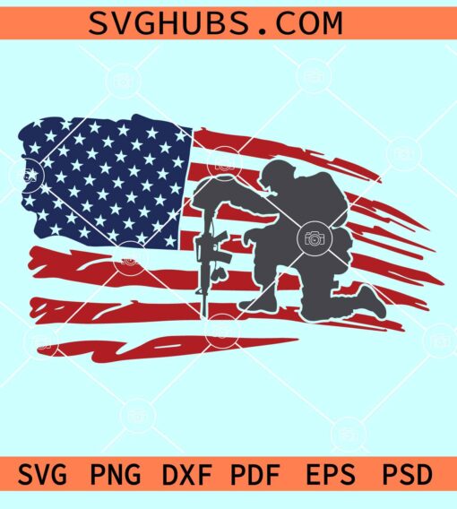Memorial Day flag SVG, soldier kneeling on flag SVG, US veteran svg