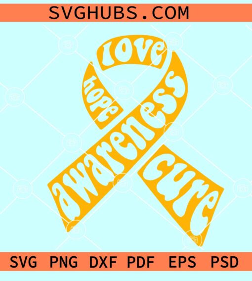 Childhood cancer awareness ribbon SVG, gold cancer ribbon SVG, peace love cure SVG