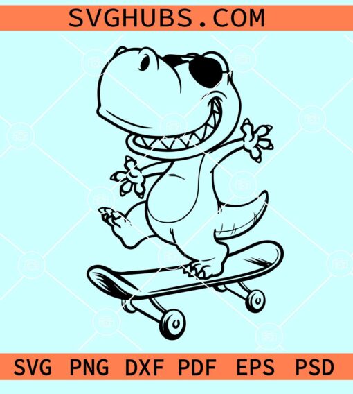 Dinosaur on Skateboard SVG, dino with sunglasses SVG, dino skating SVG