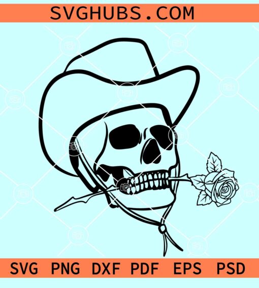 Skeleton cowboy with rose SVG, skeleton with cowboy hat SVG, western SVG