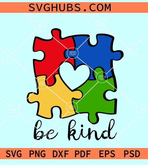 Be Kind autism puzzle SVG, autism awareness svg, be kind SVG, autism heart puzzle SVG