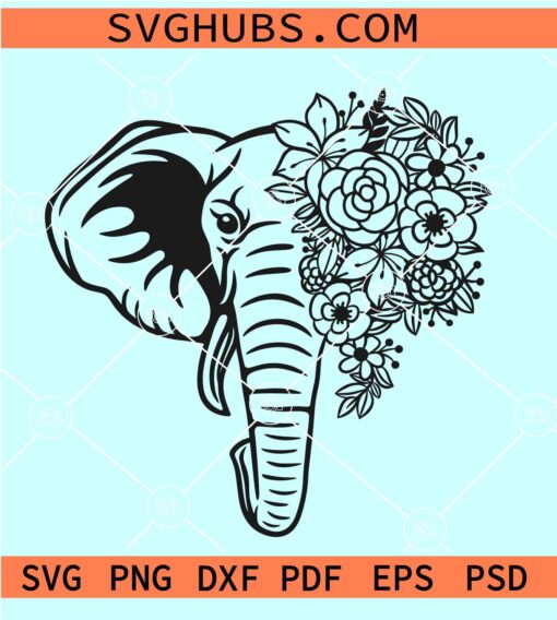 Elephant head with flowers SVG, Elephant with flowers SVG, Elephant face svg