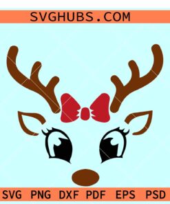 Christmas Reindeer Face SVG, girl reindeer SVG, reindeer with bow SVG