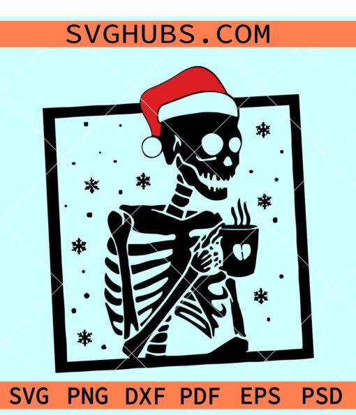 Christmas skeleton with Coffee SVG, Christmas skeleton SVG, skeleton drinking coffee SVG