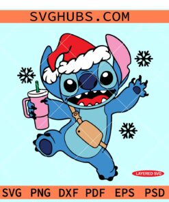 Stitch with Santa hat and Stanley tumbler SVG, Stitch Stanley cup inspired svg