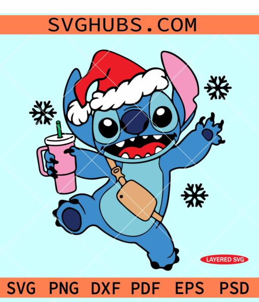 Stitch with Santa hat and Stanley tumbler SVG, Stitch Stanley cup inspired svg