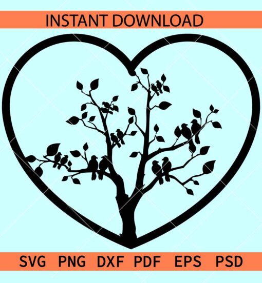 Heart Symbol with Tree and birds SVG, Birds on a tree inside Love Heart SVG, Birds Love SVG
