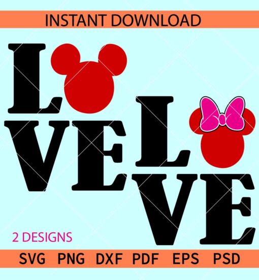 Love phrase mickey Minnie head Bundle SVG, Love Minnie and Mickey Head SVG Bundle