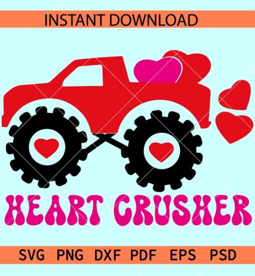 Monster truck heart Crusher SVG, Monster truck with hearts SVG, Boy Valentine Truck SVG