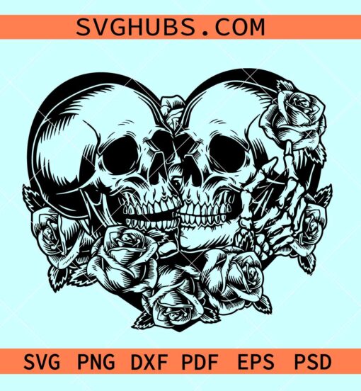 Skull roses lovers SVG, skull lovers svg, skull heart roses svg, Valentine svg