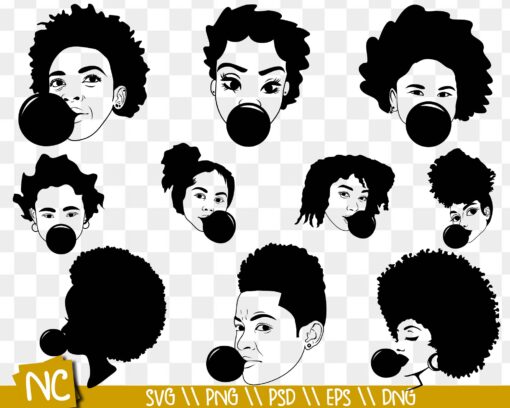 Afro Girl Bubble Gum SVG, African American Woman Digital Download, Black Girl Bubblegum Silhouette, Cute Girly Clipart