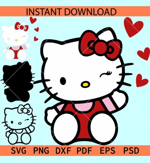 Winking valentine Kitten Layered SVG, Hello Kitty hearts Winking SVG
