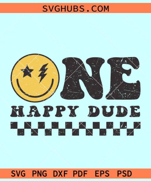 Retro Groovy One Happy Dude SVG, one happy dude svg, 1st Birthday SVG, Retro Wavy Text svg